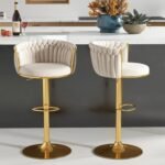 Gold Velvet Bar Stools Set of 2 – Swivel Adjustable Stools with Woven Backrest