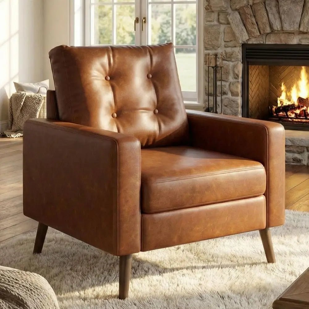 Sacf190cf935048689947b49e7a4e27c9J Cael Tufted Accent Armchair – Mid-Century Vegan Leather Reading Chair with Solid Wood Legs - Image 1