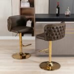 Gold Nailhead Velvet Bar Stools Set of 2 – Swivel Adjustable Frosted PU Counter Stools - Image 2